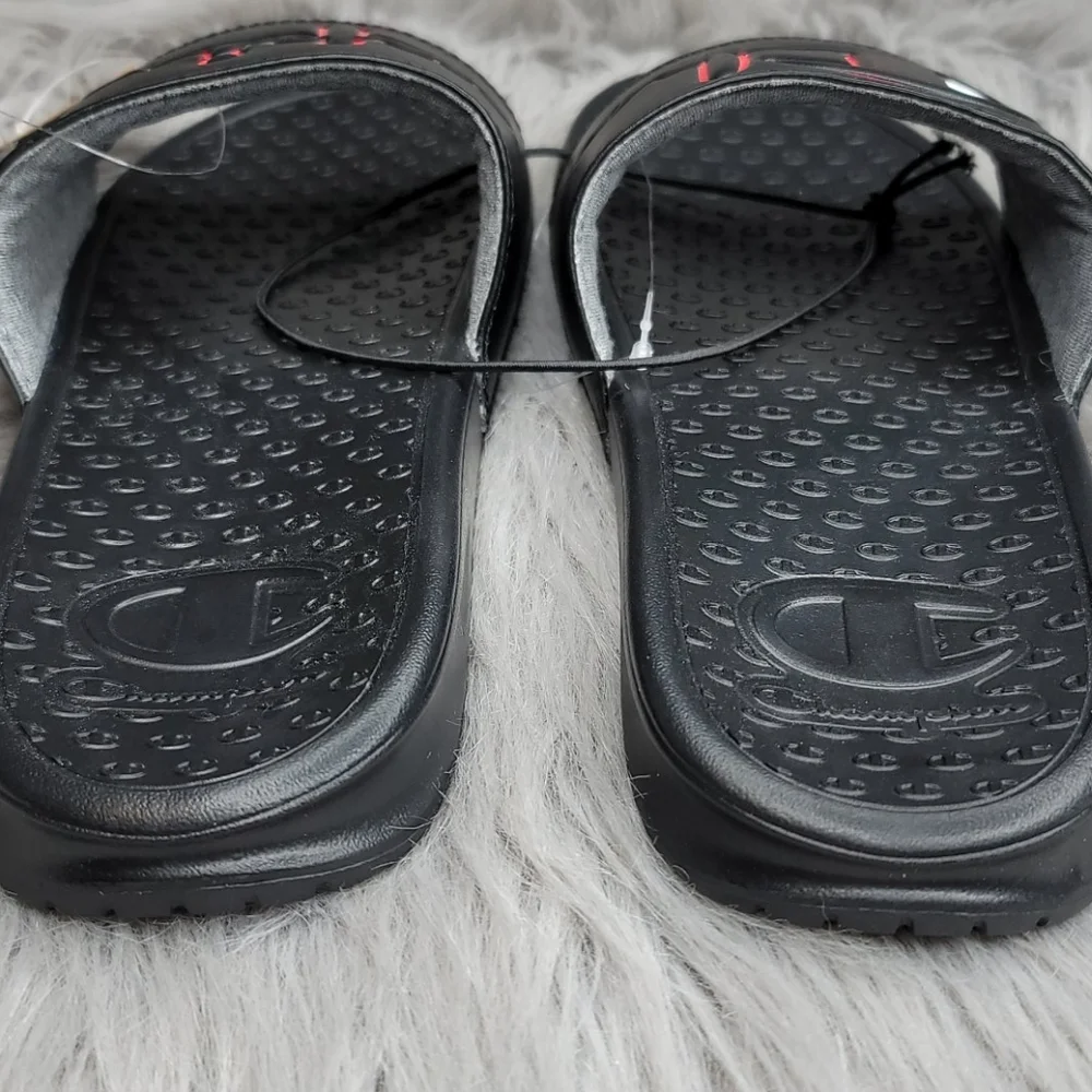 Champion Super Slide Split Script Logo Black Red Flip Flops